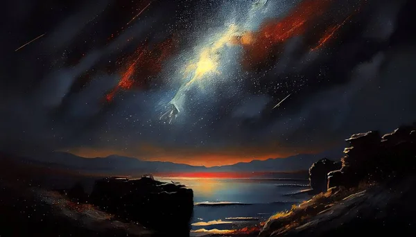 An oil painting of a stunning view of the night sky, filled with stars of varying sizes and brightness rich in color and texture, creating a sense of depth and wonder on dark background