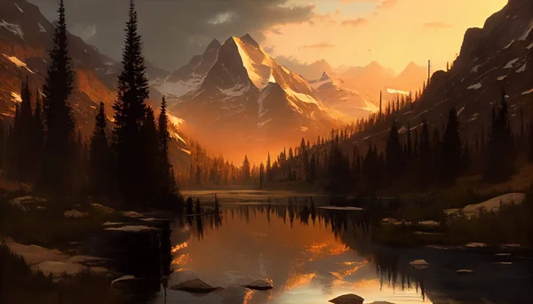 the moment when the sun is setting and the mountains are transitioning from day to night. The warm glow of the sun bathes the mountain range in a beautiful golden light, between the light and shadow.