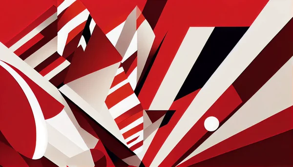 a contemporary abstract composition with a mix of red and white stripes and shapes. The bold red and crisp white colors create a high-contrast image that is both eye-catching and sophisticated