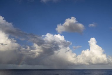 Bulutlu mavi gökyüzü ve okyanus, doğa arka planı