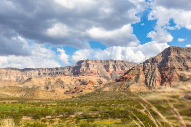 ABD 'nin Utah eyaletindeki Kar Kanyonu Parkı' ndaki dağları ve otlakları gören manzara