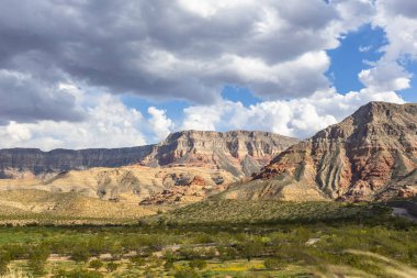ABD 'nin Utah eyaletindeki Kar Kanyonu Parkı' ndaki dağları ve otlakları gören manzara