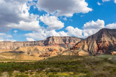 ABD 'nin Utah eyaletindeki Kar Kanyonu Parkı' ndaki dağları ve otlakları gören manzara
