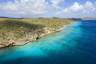 Karayipler 'deki Curacao kıyıları, sahil, uçurum ve turkuaz okyanus manzaralı. 