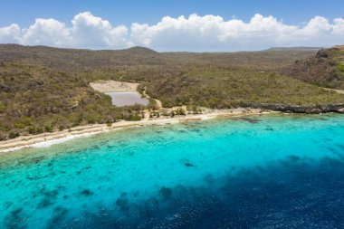 Karayipler 'deki Curacao kıyıları, sahil, uçurum ve turkuaz okyanusla çevrili.