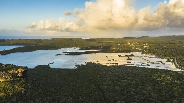 Flygfoto Över Landskapet Curacao Karibien Med Hav Kust Kullar Och — Stockfoto