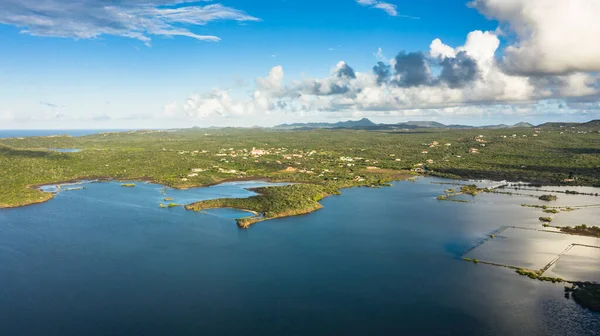 Vista Aérea Acima Paisagem Curaçao Caribe Com Oceano Costa Colinas — Fotografia de Stock
