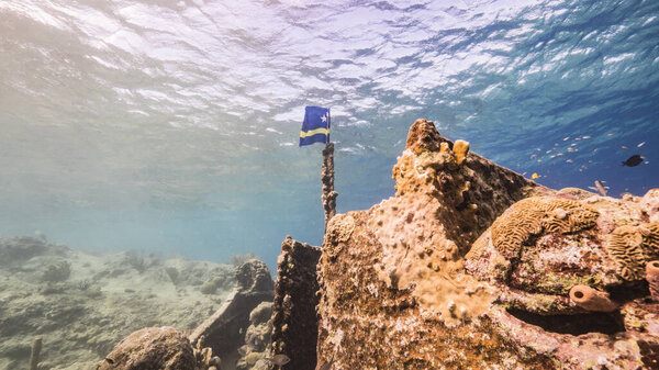 Ship wreck "Tugboat" in shallow water of coral reef in Caribbean sea with Curacao Flag, view to surface and sunbeams