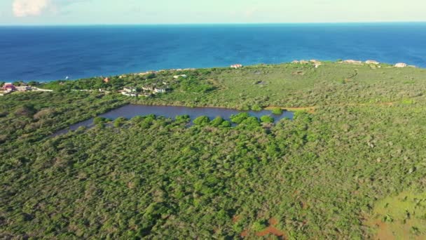 Aerial View Scenery Curacao Caribbean Ocean Coast Hills Lake — Stock Video