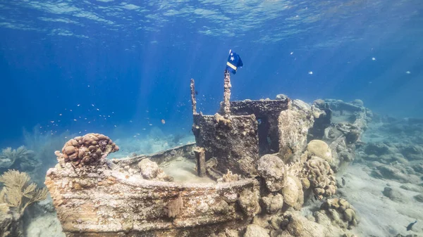 Schiffswrack Schlepper Flachen Wasser Des Korallenriffs Der Karibik Mit Curaçao — Stockfoto