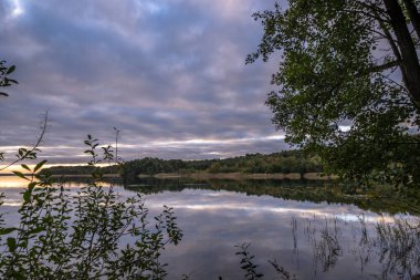 Ağaçlarla çevrili güzel bir günbatımı görüntüsü.