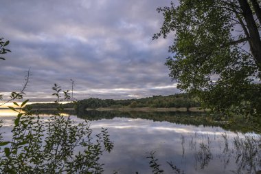 Ağaçlarla çevrili güzel bir günbatımı görüntüsü.