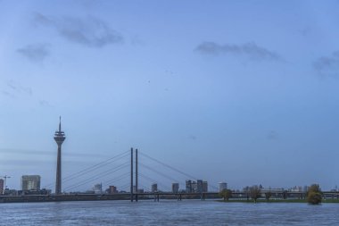 Nehir Ren, Düsseldorf, Almanya 'da sonbahar gündoğumu manzarası