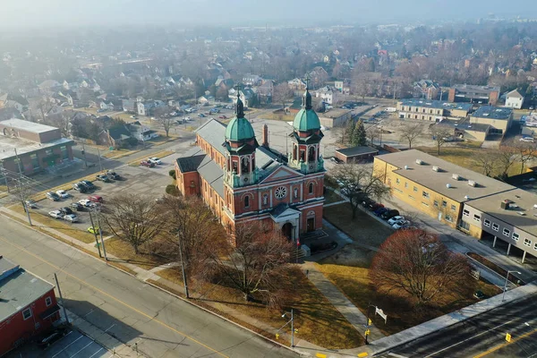 stock image Chatham, Ontario, Canada- June 3, 2022: An aerial of St Josephs Church in Chatham, Ontario, Canada