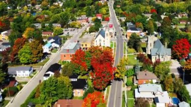 Colorful aerial hyperlapse of Waterford, Ontario, Canada in the autumn 4K