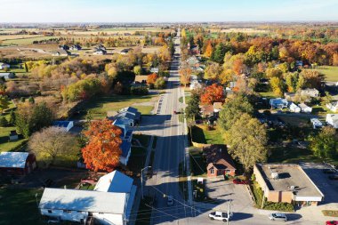 An aerial scene of Scotland, Ontario, Canada in autumn