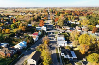 An aerial of Scotland, Ontario, Canada in autumn