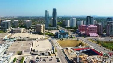 Mississauga, Ontario, Canada- August 12, 2022: Aerial hyperlapse view of the Absolute World Complex in Mississauga, Ontario, Canada 4K