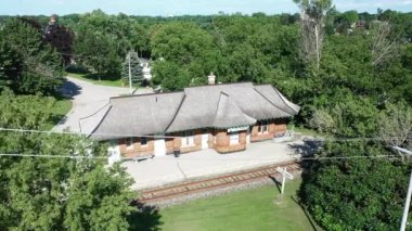 St Mary's, Ontario, Canada- July 5, 2022: Aerial of St Marys Via Rail Station in Ontario, Canada 4K