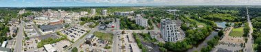 An aerial panorama of Guelph, Ontario, Canada in early autumn