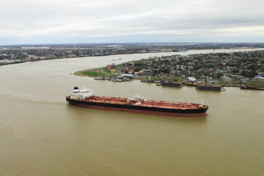 An aerial of Freighter on Mississippi River at New Orleans, Louisiana, United States