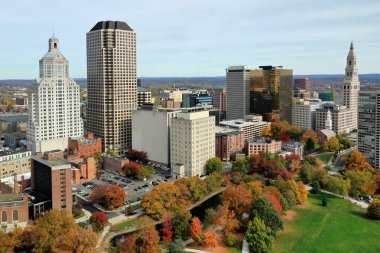 An aerial cityscape scene of Hartford, Connecticut, United States