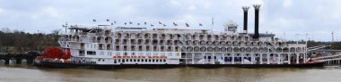 New Orleans, Louisiana, United States- February 9, 2023: A panorama of Riverboat docked New Orleans, Louisiana, United States