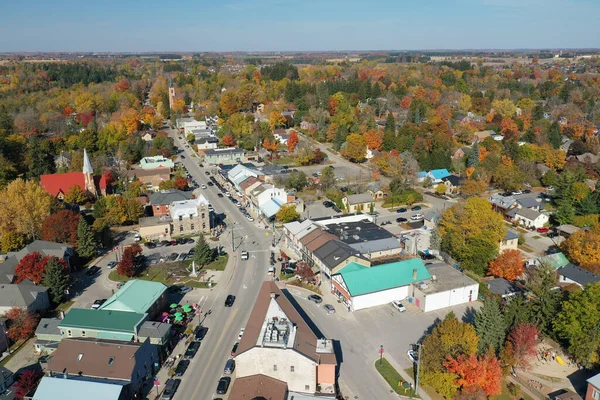 stock image An aerial of Elora, Ontario, Canada in fall color