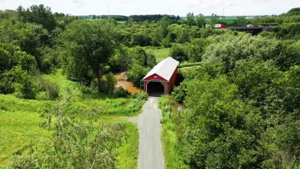 Aerial Etienne Poirier Covered Bridge Quebec Canada — Video Stock