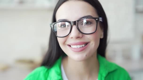 Close Face Smiling Young Attractive Woman Eyeglasses Looking Camera Light — Stock Video