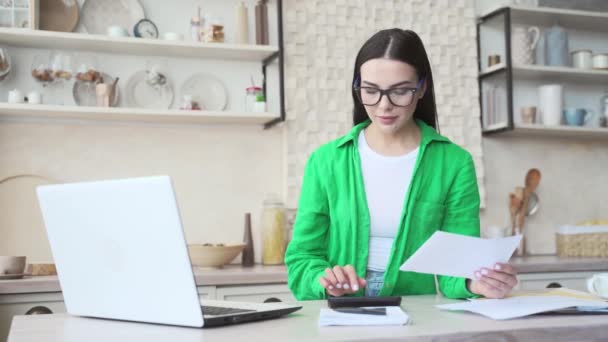 Dark Haired Young Woman Eyeglasses Manage Personal Finances Reviewing Making — Stock Video
