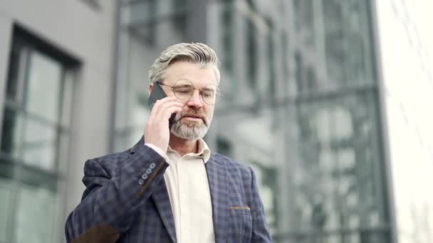Bello Uomo Affari Maturo Con Gli Occhiali Avendo Conversazione Telefonica — Video Stock