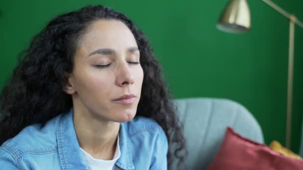 Close Portrait Young Woman Suffers Allergies Sneezes Runny Nose Sitting — Stock Video
