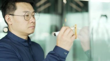 Gözlüklü Asyalı iş adamı bilişim programcısı cam duvara yapıştırıcı yapıştırıcı notları yazarak modern ofis işyerindeki girişimin finansal büyümesi için bir strateji geliştiriyor. 