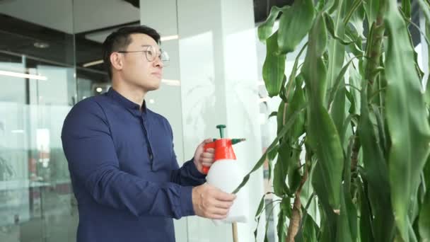 Usmívající Asijský Podnikatel Brýlemi Modré Košili Držení Plechovky Zalévání Zelené — Stock video