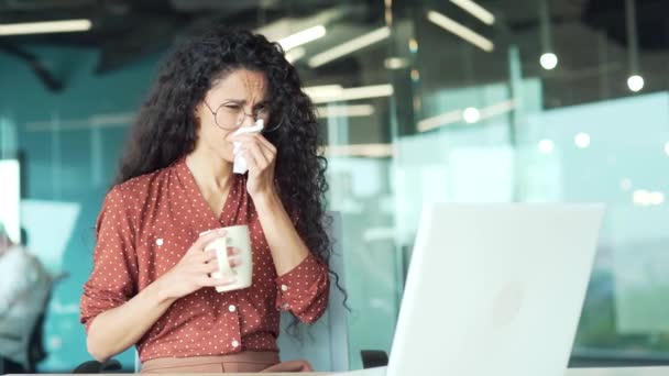 Woman Worker Sneezes Runny Nose Employee Coughs Cold Flu Sitting — Vídeos de Stock