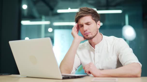 Handsome Young Man Feels Tired Has Headache Work Office Caucasian — Stok video
