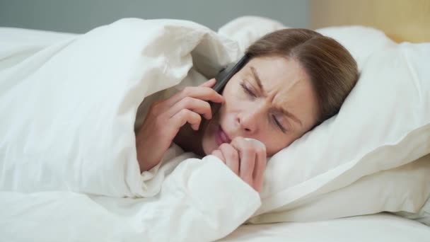 Sick Blond Woman Blowing Running Nose Sneezing Coughing Laying Warm — Stok Video