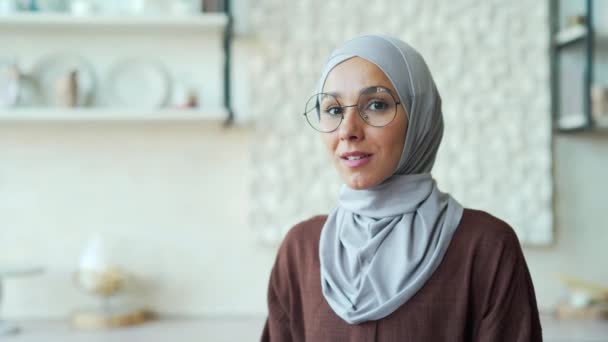 Headshot Portrait Young Muslim Woman Glasses Looking Camera Smiling Closeup — Stock Video