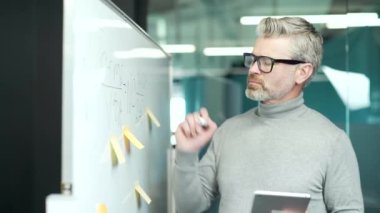 Confident mature gray haired bearded businessman in glasses planning a project on a flip chart in a modern office. Entrepreneur holds a tablet in his hand and writes with a marker on a white board