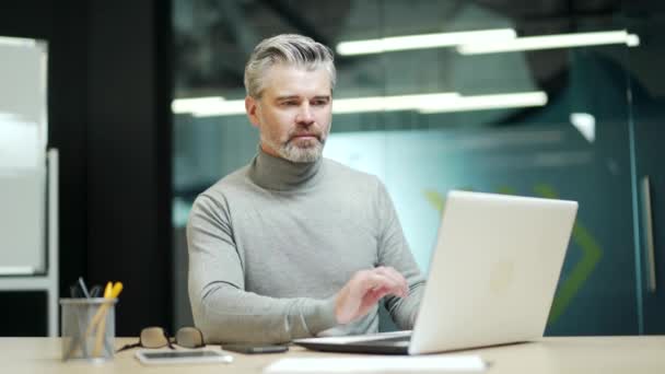 Happy Mature Gray Haired Bearded Businessman Typing Laptop While Sitting — 图库视频影像