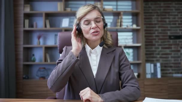 Smiling Businesswoman Headset Talking Online Call While Looking Camera While — Stock video