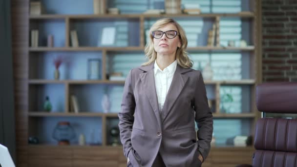 Portrait Serious Mature Businesswoman Glasses Suit Looking Camera While Standing — Wideo stockowe