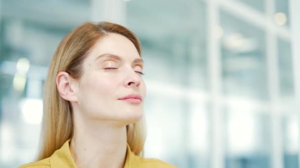 Close Face Serene Mature Business Woman Takes Deep Breath Modern — Vídeos de Stock
