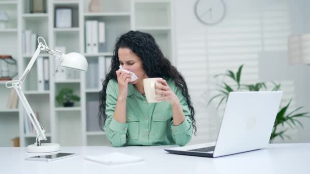 Woman Worker Sneezes Runny Nose Employee Coughs Cold Flu Sitting — Video