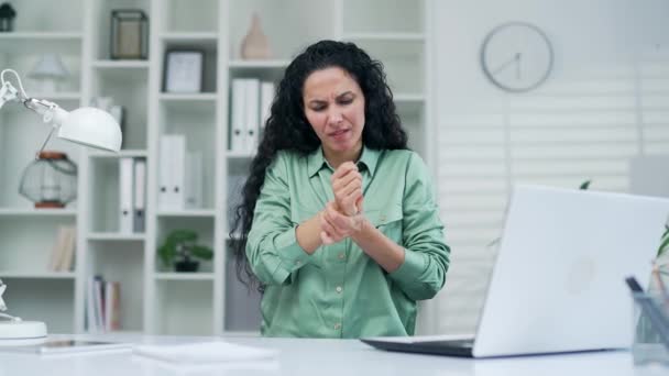 Young Female Employee Worker Suffering Joint Pain Massaging Her Hand — Stock Video