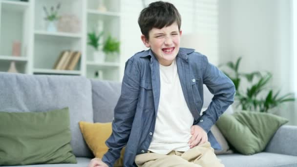 Teenager Boy Suffers Severe Abdominal Pain Nausea Poisoning Diarrhea Child — Stock Video