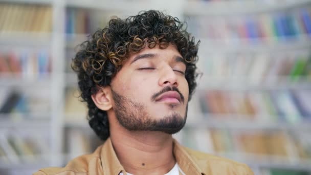 Close Portrait Young Happy University Student Relaxing Closed Eyes Standing — Stock Video