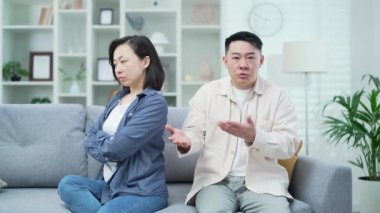 Webcam görüntüsü. Üzgün evli çift, evdeki kanepede otururken aile psikoloğuyla görüntülü konuşma yapıyor. Üzgün bir adam karısı hakkında psikoterapiste şikayette bulunur, aile sorunları hakkında konuşur.