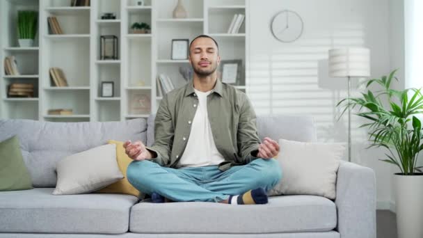 Tranquilo Tranquilo Hombre Sereno Meditando Pose Loto Sofá Acogedor Sala — Vídeo de stock